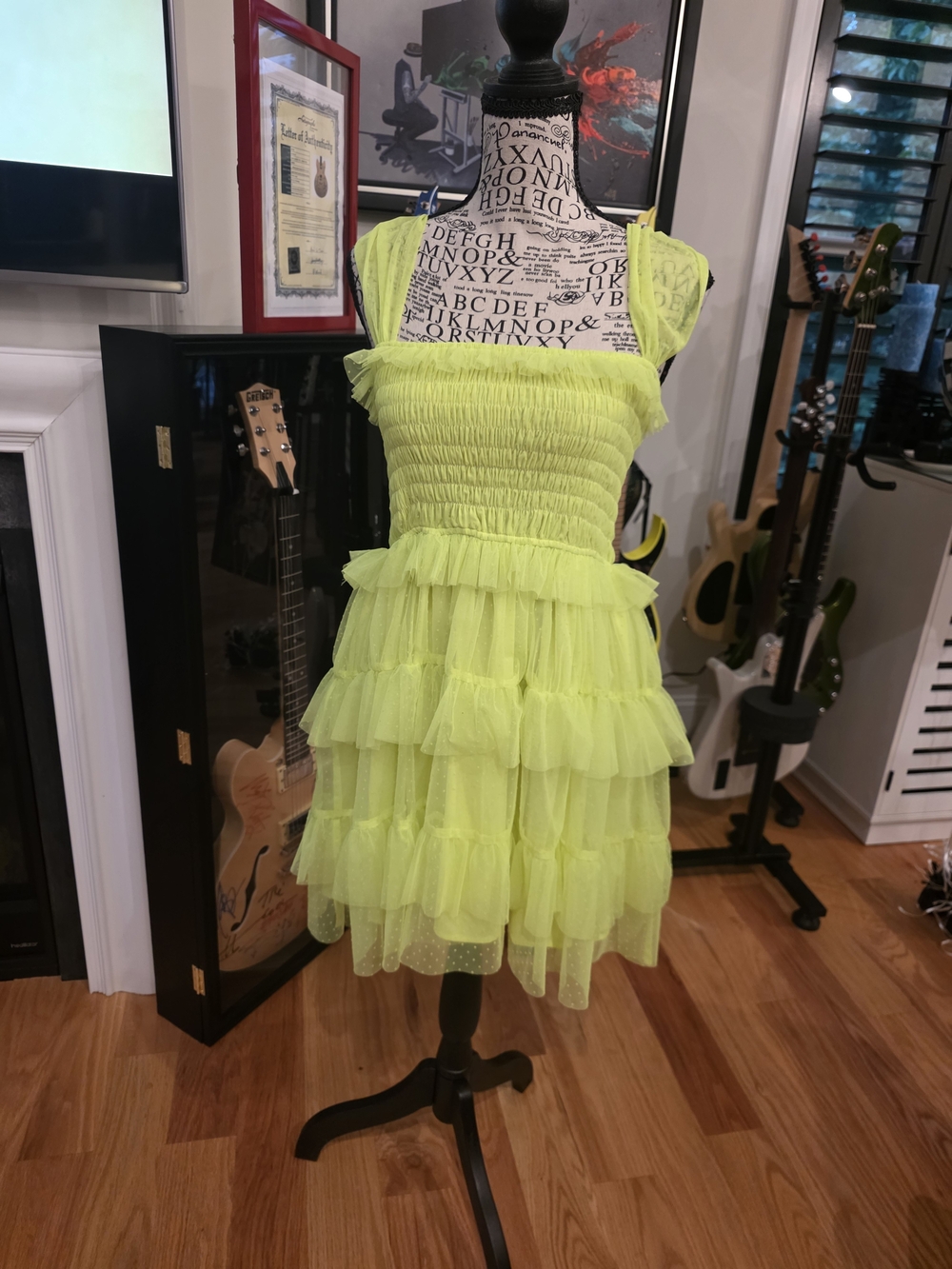 For Love And Lemons Vintage Neon Yellow Tiered Ruffle Mini Dress